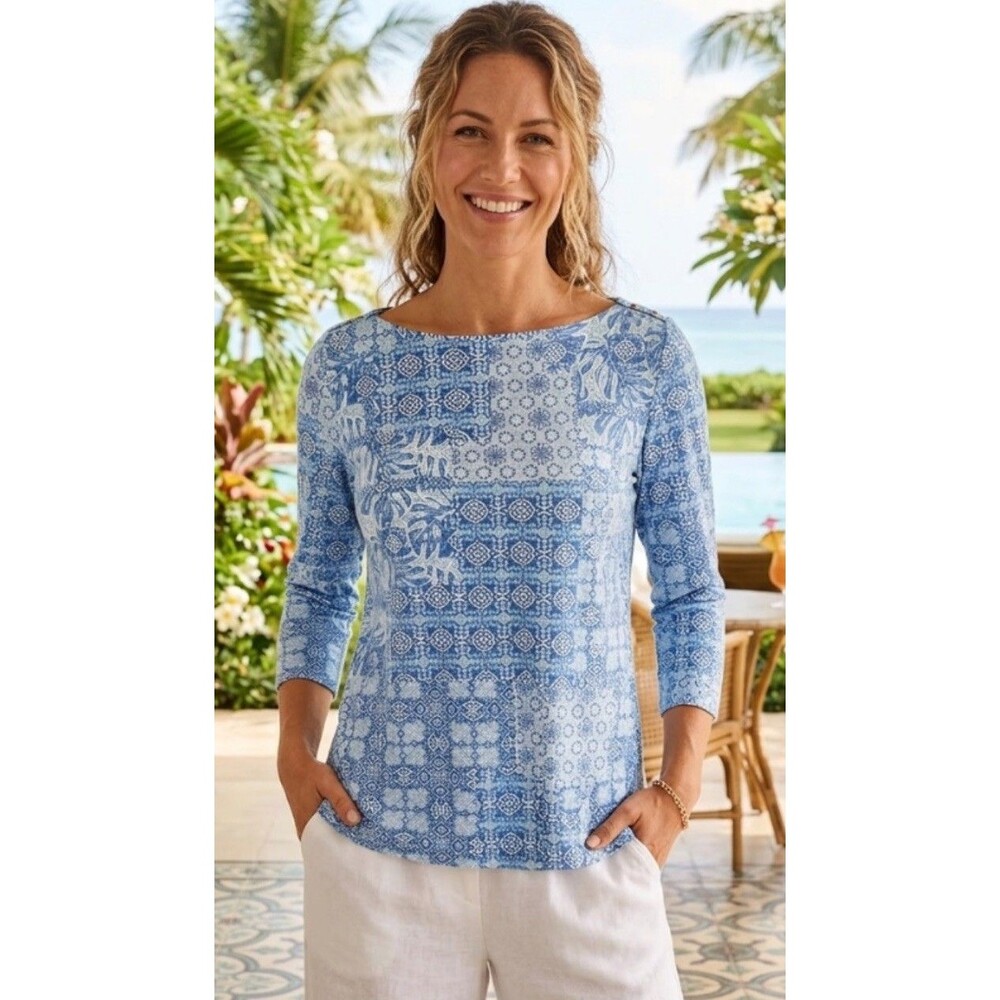 J Mclaughlin Wavesong Catalina Cloth Blue & White XL Boat Neck Coastal Resort